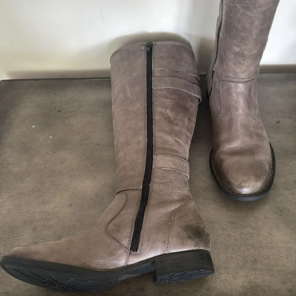 Born Women's Tall Knee High Ash Leather Boots Riding Boho Buckle Size 6.5 EUC